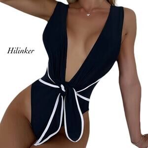 Hilinker Black Deep V White Trim Tie Bow Waist One Piece Swimsuit NWT Size S